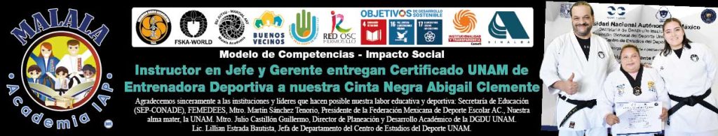 Instructor en Jefe y Gerente de Malala Hermosillo hacen entrega formal, de certificado de la UNAM de Entrenadora Deportiva a nuestra Cinta Negra Abigail Clemente García. Dentro de los Festejos de graduación de Cintas Negras 2024 Academias Malala 10 años de la fundación.
