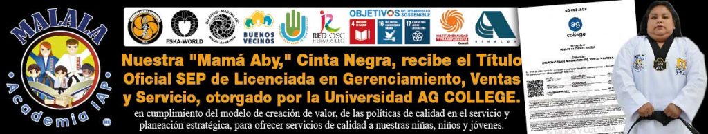 Nuestra Cinturón Negro, Abigail Clemente García, Presidenta de la Asociación de Padres de Familia de Malala Hermosillo y Mamá Malala, recibe su Licenciatura en Administración. Esto es gracias al trabajo colaborativo y las alianzas de desarrollo entre AG COLLEGE, BUENOS VECINOS y Fundación MALALA ACADEMIA.