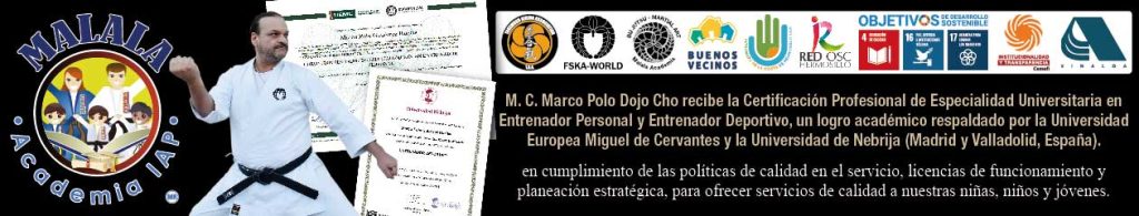 M. C. Marco Polo Dojo Cho recibe la Certificación Profesional de Especialidad Universitaria en Entrenador Personal y Entrenador Deportivo, un logro académico respaldado por la Universidad Europea Miguel de Cervantes y la Universidad de Nebrija (Madrid y Valladolid, España). Esta profesionalización es resultado de una alianza estratégica con la Escuela de Negocios Europea y se alinea con las Políticas de Calidad en el Servicio, Profesionalización Constante y Planeación Estratégica de nuestra fundación.