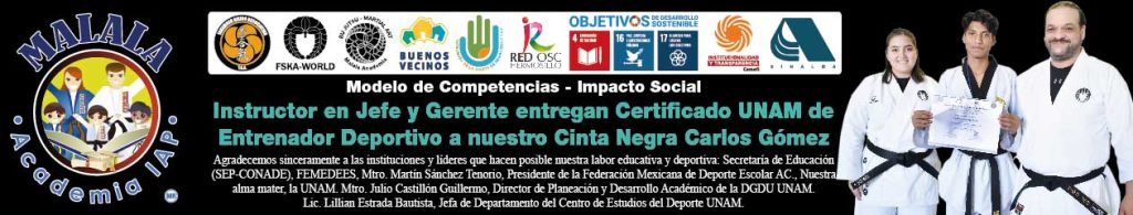 Instructor en Jefe, hace entrega formal, de certificado de la UNAM de Entrenador Deportivo a nuestro Cinta Negra Carlos Iván Gómez García. Dentro de los Festejos de graduación de Cintas Negras 2024 Academias Malala 10 años de la fundación.