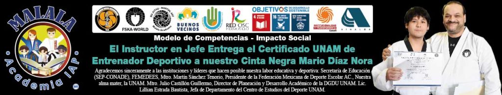 Instructor en Jefe, hace Entrega formal, de certificado de la UNAM de Entrenador Deportivo a nuestro Cinta Negra Mario Díaz Nora. Dentro de los Festejos de graduación de Cintas Negras 2024 Academias Malala 10 años de la fundación.