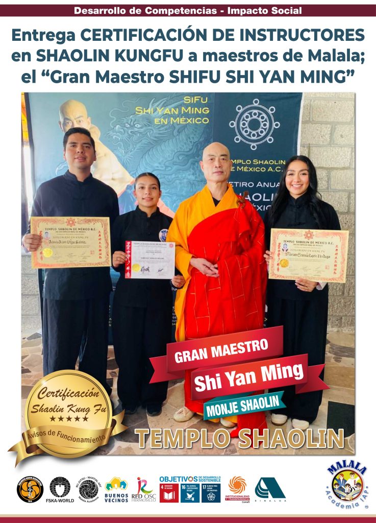 Entrega certificación de Instructores Shaolin, a nuestros Maestros de Kung Fu Shaolin de Malala Academia, el gran maestro SiFu Shi Yan Ming, Monge Shaolin.